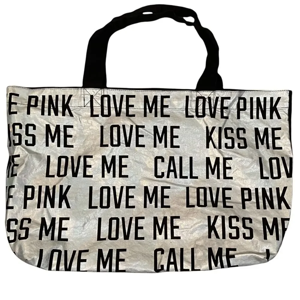 Victoria's Secret PINK Bag Love Kiss Call Me Silver Bling Tote Bag EUC